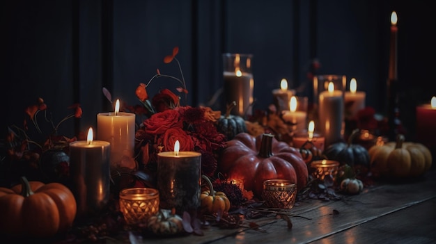 A table full of candles and pumpkins with fall leaves on the table.