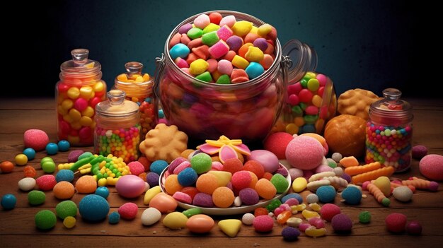 A table full of candy and a jar of candy.