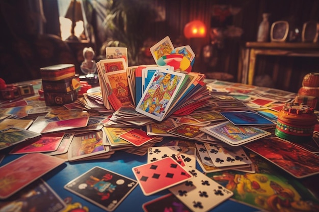 A table full of cards and cards with one that says playing cards.