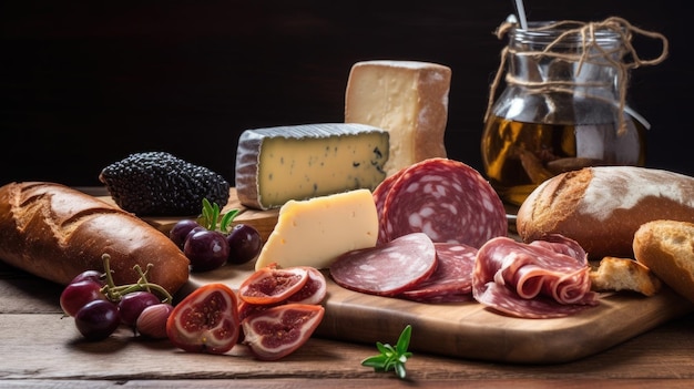 A table full of cheeses, meats, and cheeses.