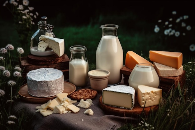 A table full of cheeses and milks including milk, cheeses and milk.