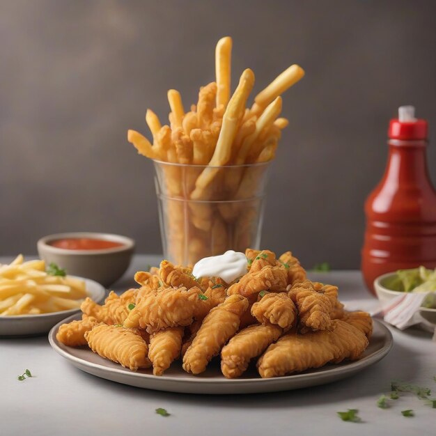 A table full of chicken strips with sauces