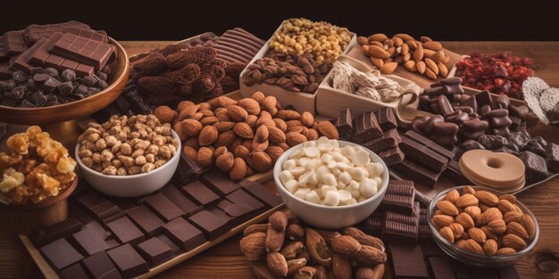 A table full of chocolate, nuts, and nuts