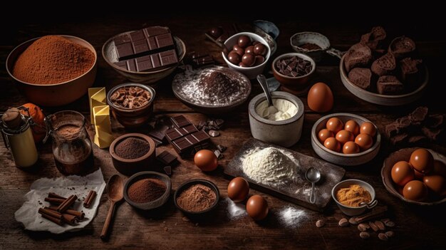 Foto un tavolo pieno di cioccolatini, cioccolato e altri ingredienti, compreso il cioccolate.