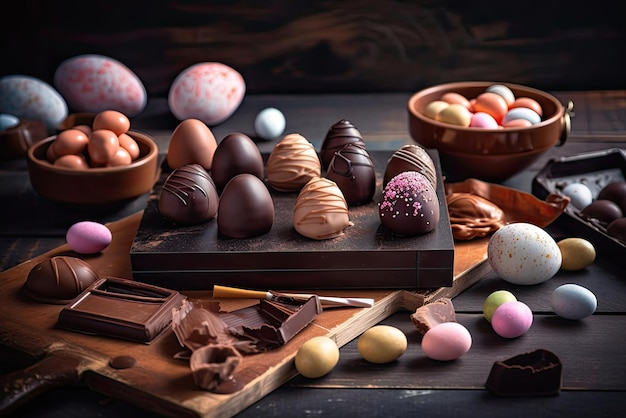 A table full of chocolates and chocolates including one that says'chocolate '