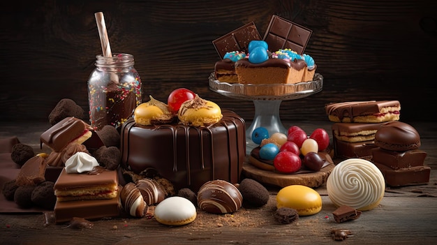 A table full of chocolates, chocolates, and other desserts including chocolates.