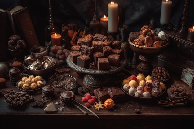 A table full of chocolates and other desserts including a plate of chocolates and a candle.