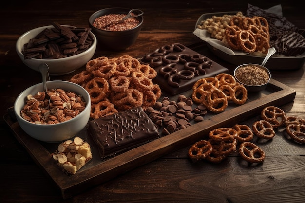 A table full of chocolates and pretzels with chocolates on it