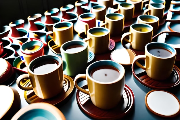 A table full of coffee cups and a candle