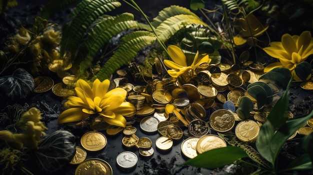 A table full of coins and plants with a yellow flower.