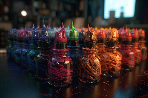 A table full of colorful bottles with the word magic on it