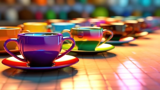 A table full of colorful cups with different colors of coffee on them