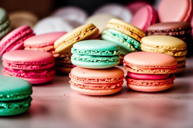 A table full of colorful macaroons with the word macaroons in the middle