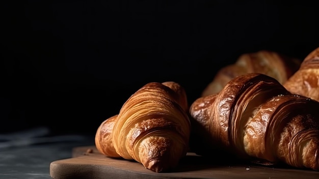 A table full of croissants with one of them being baked.