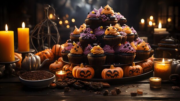 Table full of cupcakes decorated for halloween Generative AI