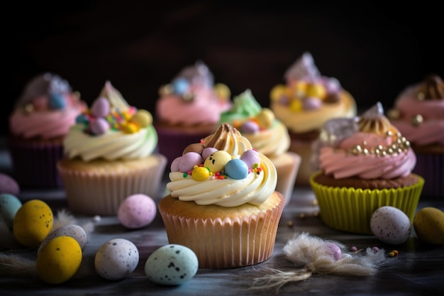 A table full of cupcakes with easter eggs on it