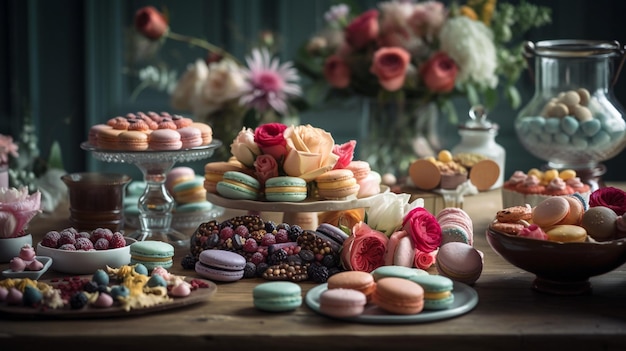 A table full of desserts including macaroons and macaroons