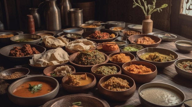 A table full of different dishes including a variety of food.