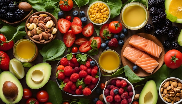 Photo a table full of different foods including fruit nuts and nuts