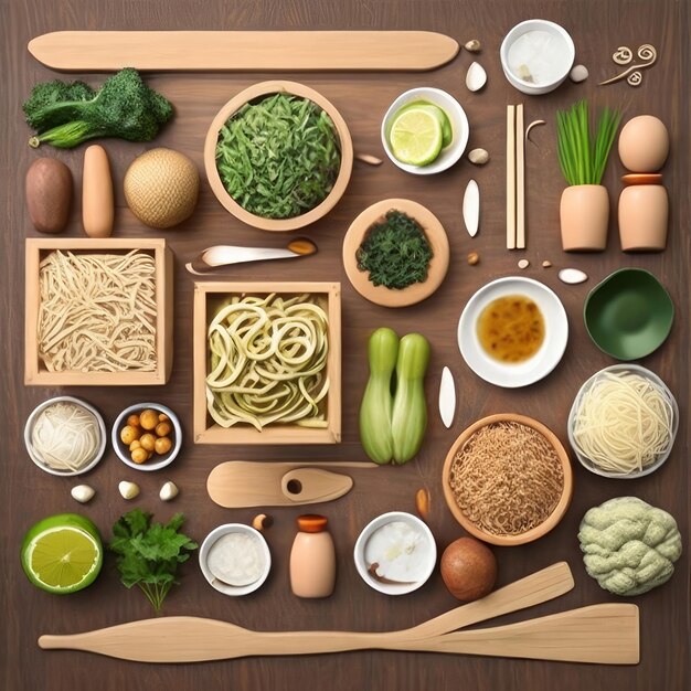 A table full of different foods including noodles, vegetables, and other ingredients.