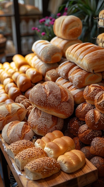 A table full of different types of bread including baguettes and rolls
