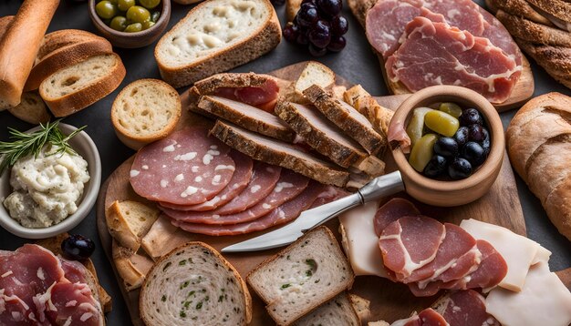 Foto un tavolo pieno di diversi tipi di cibo, tra cui formaggio salame e olive