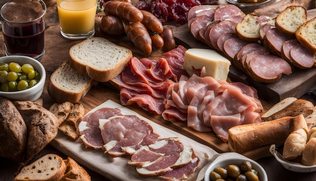 a table full of different types of meats and cheeses