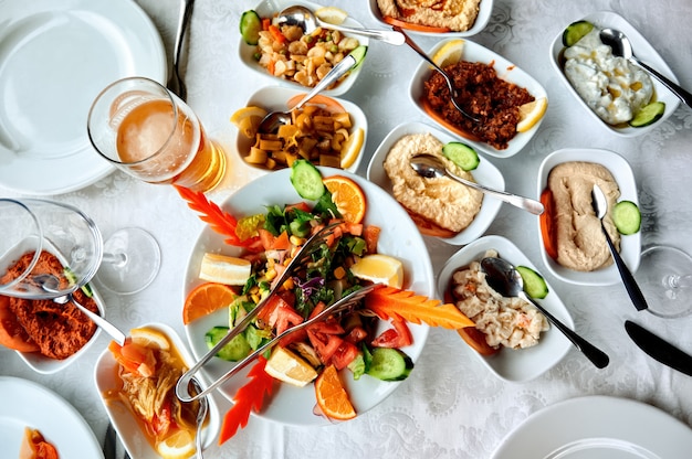 Table full of dishes in a restaurant