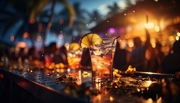 Photo a table full of drinks with a tropical sunset in the background