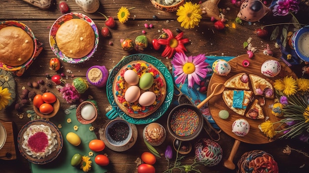 A table full of easter eggs and bread