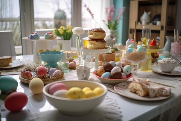 Стол, полный пасхальных яиц и других предметов, включая тарелку с яйцами и стопку других предметов.