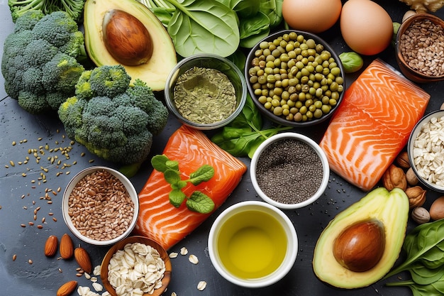 a table full of food including avocado broccoli and other foods