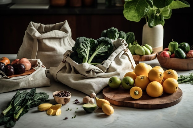 A table full of food including a bag of vegetables and a variety of fruits.