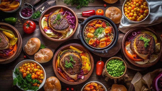 A table full of food including beef, vegetables, and bread