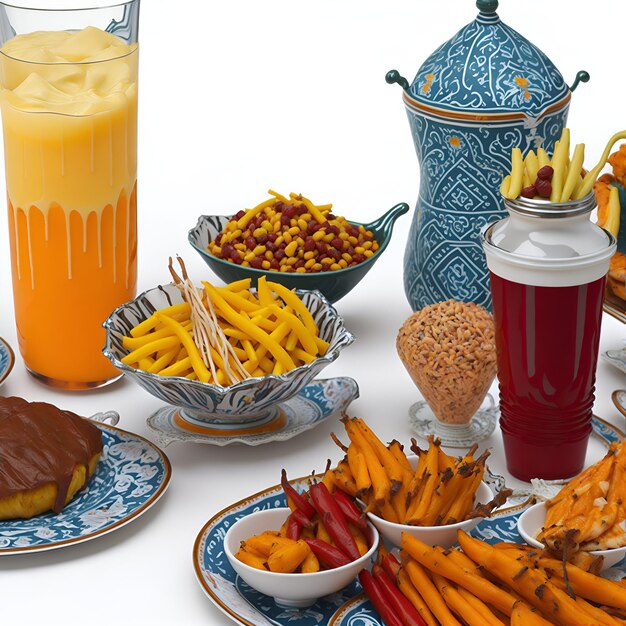 A table full of food including a blue and white plate with a blue design on it