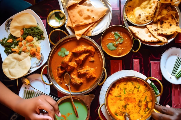 A table full of food including a bowl of chicken and naan bread.