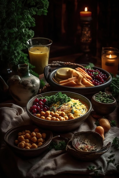 A table full of food including a bowl of food and a glass of orange juice.