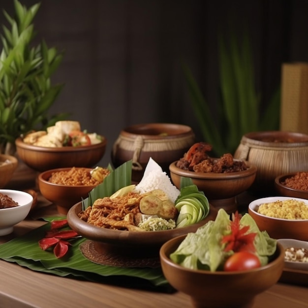 A table full of food including a bowl of food and a leaf on a table.