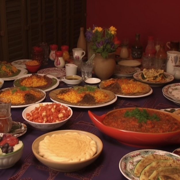 食べ物の入ったボウルや花瓶など、食べ物でいっぱいのテーブル。