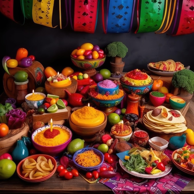 A table full of food including a bowl of food