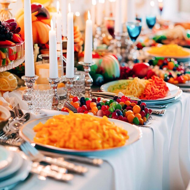 A table full of food including a bowl of fruit and a candle