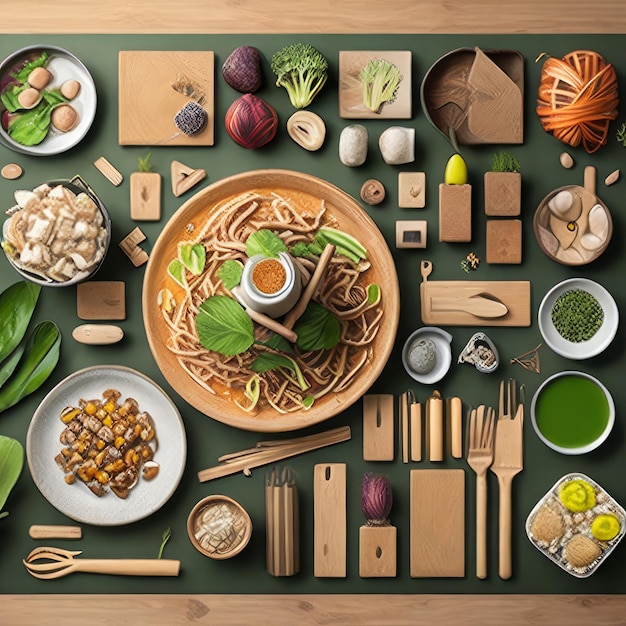 Стол, полный еды, включая миску с лапшой, миску с зелеными овощами и деревянную ложку.