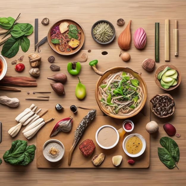 A table full of food including a bowl of noodles