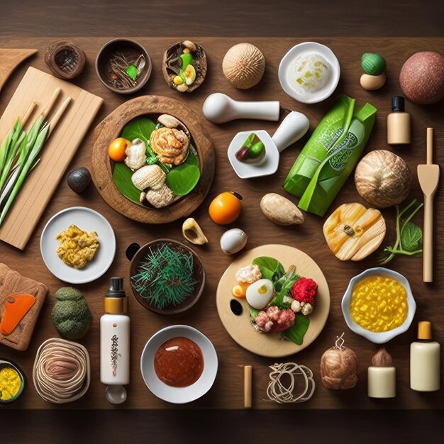 A table full of food including a bowl of noodles