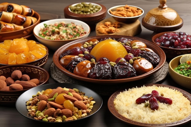 A table full of food including a bowl of nuts, rice, and nuts.