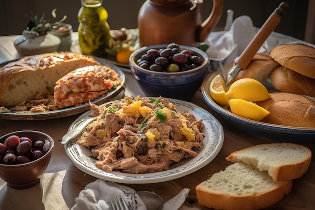 Foto un tavolo pieno di cibo tra cui una ciotola di insalata e pane