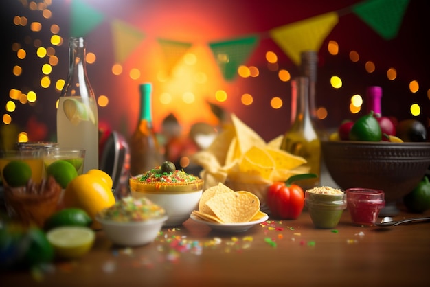 A table full of food including a bowl of salsa and chips