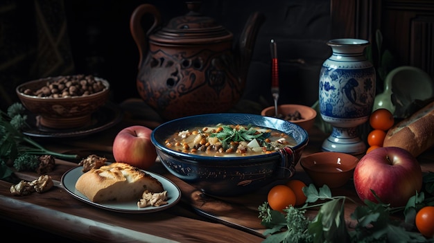 A table full of food including a bowl of soup and a blue and white pottery vase.