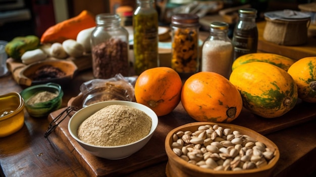 A table full of food including bread, beans, and spices.