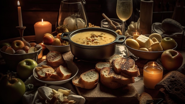 빵, 치즈, 양초 등 음식으로 가득 찬 테이블.
